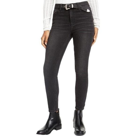 Vanilla Star Womens Jeans Black High Rise Skinny Juniors Size 13 Belted Denim - Picture 1 of 8